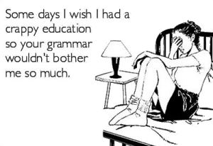 A girl seated on her bed wondering how to deal best with her friend's poor command of grammar. A girl seated on her bed with her hand covering her face.